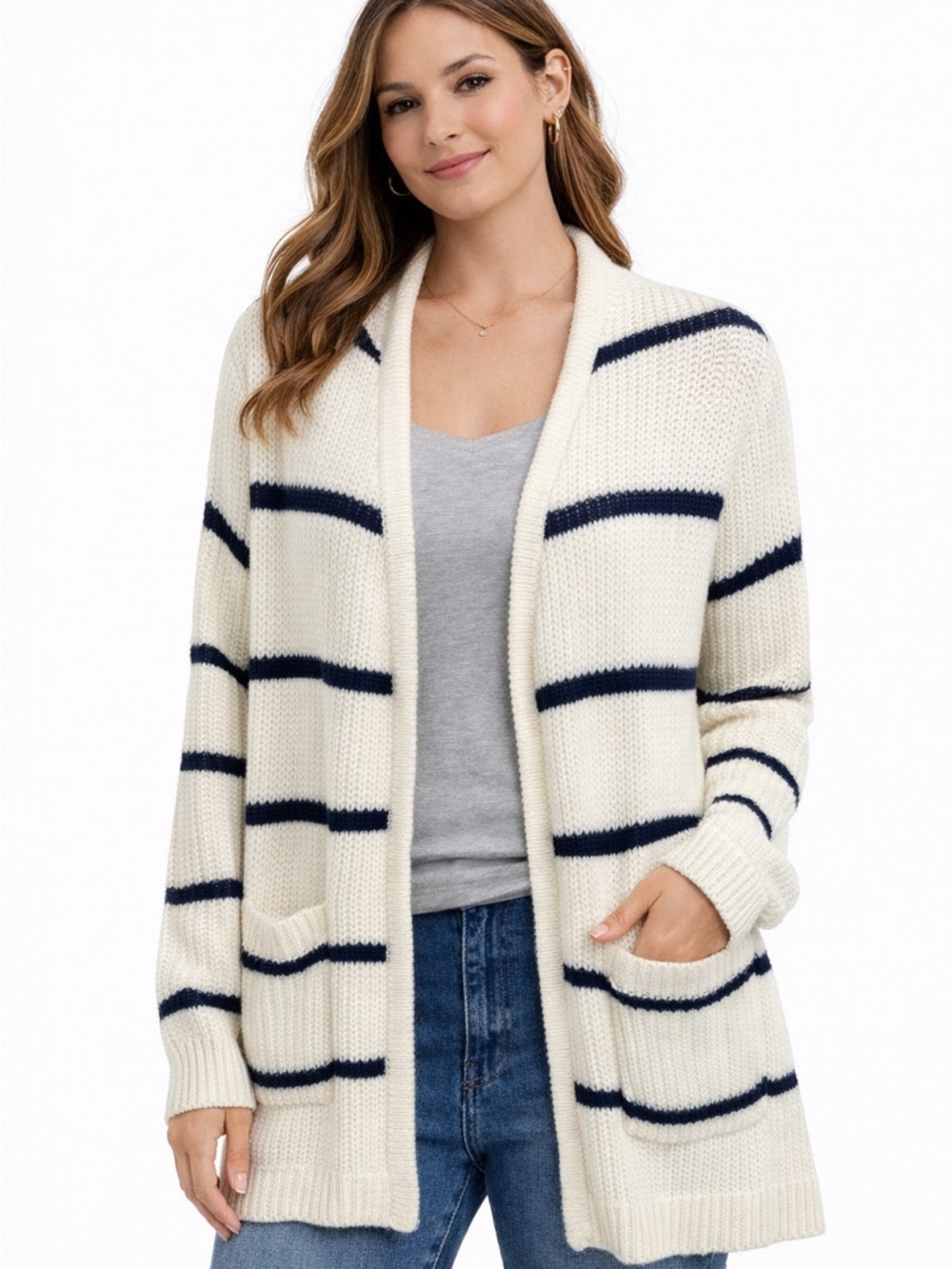 Moon & Madison white with blue stripes, cardigan